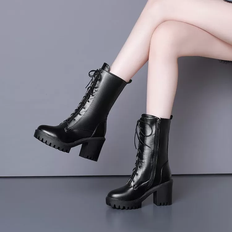 Women's Side Zippers Buckle Straps Block Heel Platform Mid Calf Boots