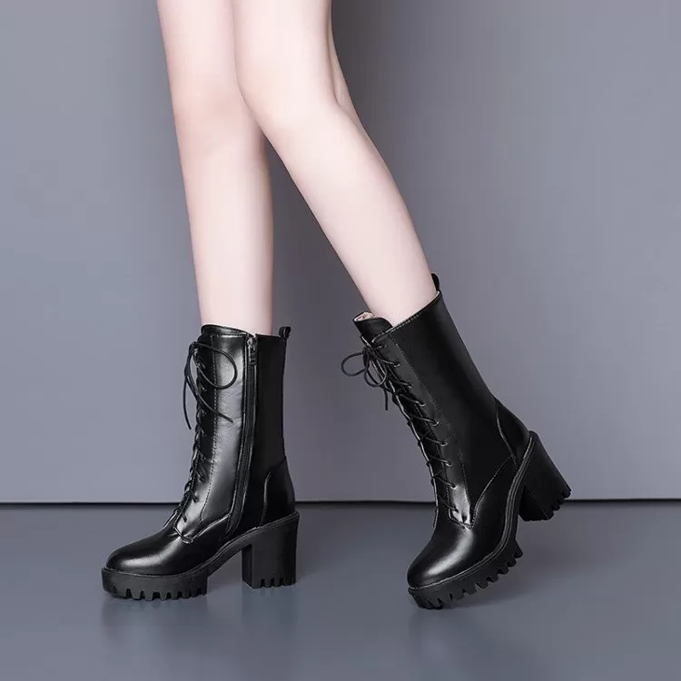 Women's Side Zippers Buckle Straps Block Heel Platform Mid Calf Boots