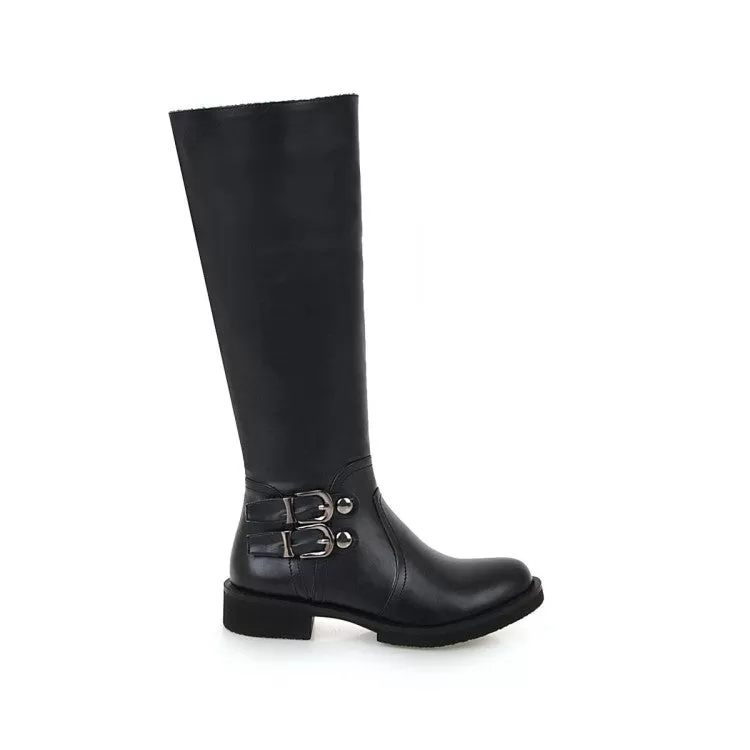 Women's Side Zippers Buckle Straps Low Heels Knee-High Boots