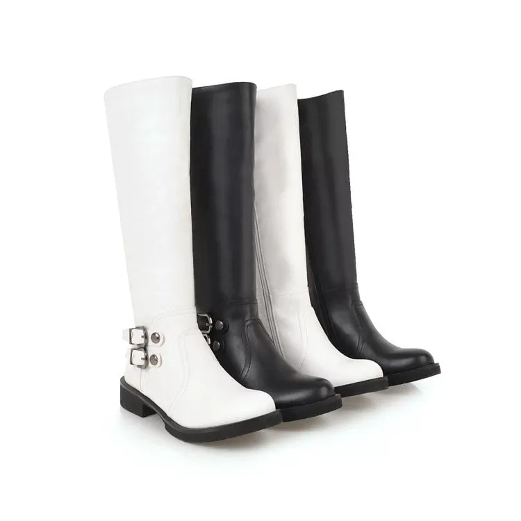 Women's Side Zippers Buckle Straps Low Heels Knee-High Boots