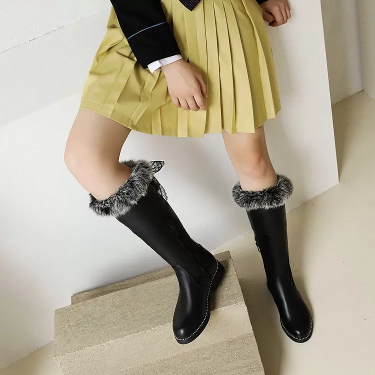 Women's Side Zippers Fur Chunky Heel Knee-High Boots