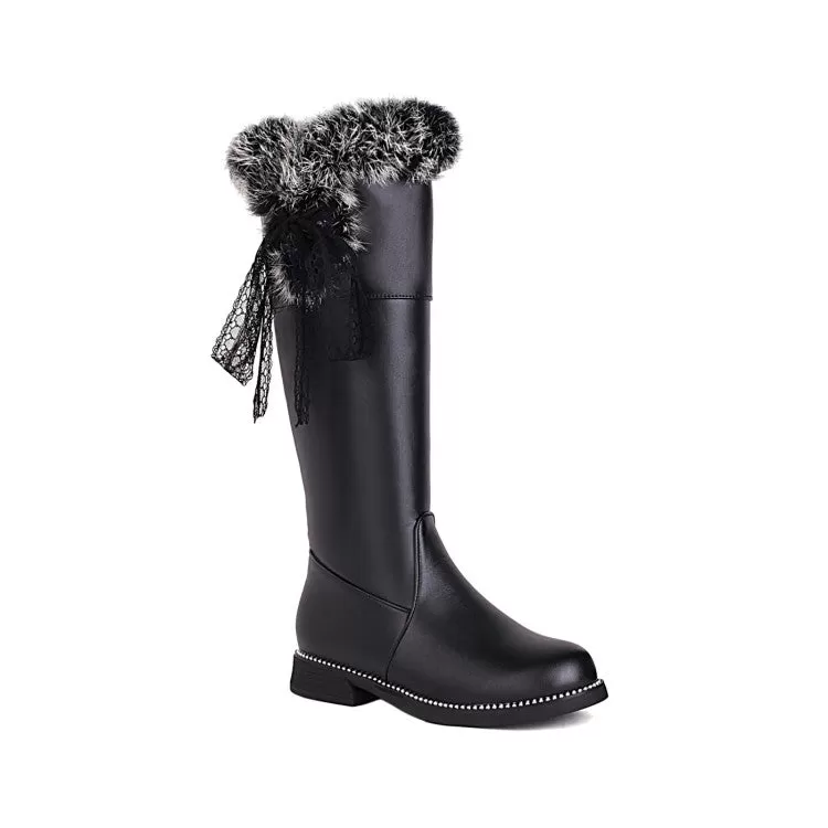 Women's Side Zippers Fur Lace Block Chunky Heel Platform Knee-High Boots