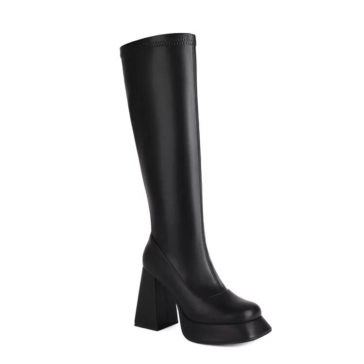 Women's Side Zippers Square Toe Chunky Heel Platform Knee High Boots