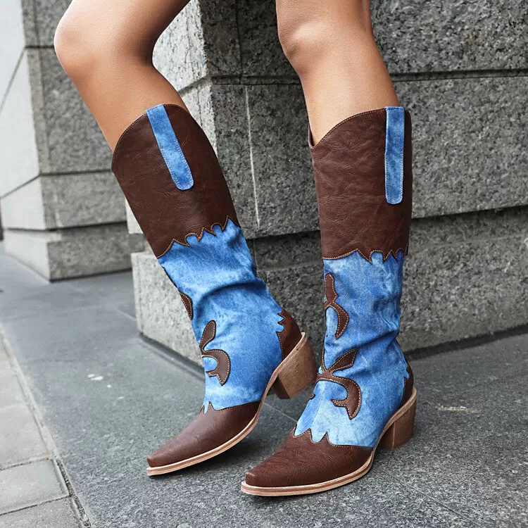 Women's Western Pointed Toe Tie-Dye Beveled Heel Mid-calf Boots