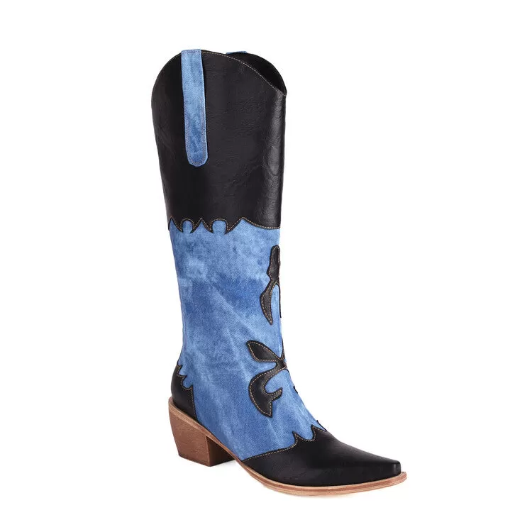 Women's Western Pointed Toe Tie-Dye Beveled Heel Mid-calf Boots