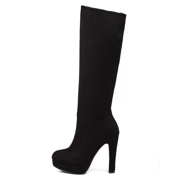 Women's Zippers Round Toe Chunky Heel Platform Knee-High Boots